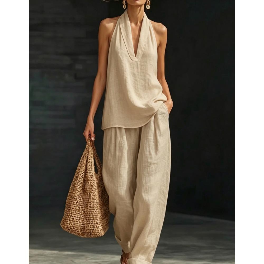 Damen Lässiges V-Ausschnitt Kurzarm Top & Weite Hosen Zweiteiliges Set, Lockeres Entspanntes Outfit für den Sommer