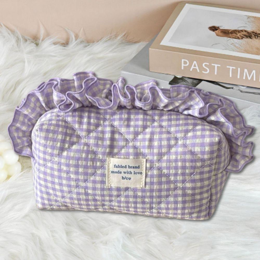 Plaid Pattern Ruffle Makeup Bag Large Capacity Toiletry Organizer Small Fresh Cosmetic Cases  Women