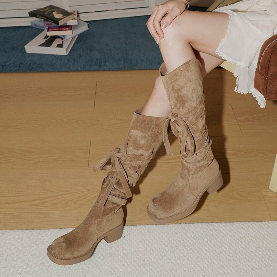 Main Push Edition~ Retro Wasteland Heel Wrap Strap Pile Boots Western Cowboy Boots But Knee Maillard Boots