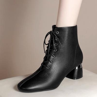 Ji Dicke Ferse Kurze Stiefel Damen Kopf Schnürschuhe Leder Schuhe Mittelhoch Retro Schwarze Stiefel