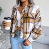 Fall Women Jacket Contrast Color Plaid Print Turn-down Collar Single-breasted Fake Pocket Long Sleeves Loose Commuting Coat