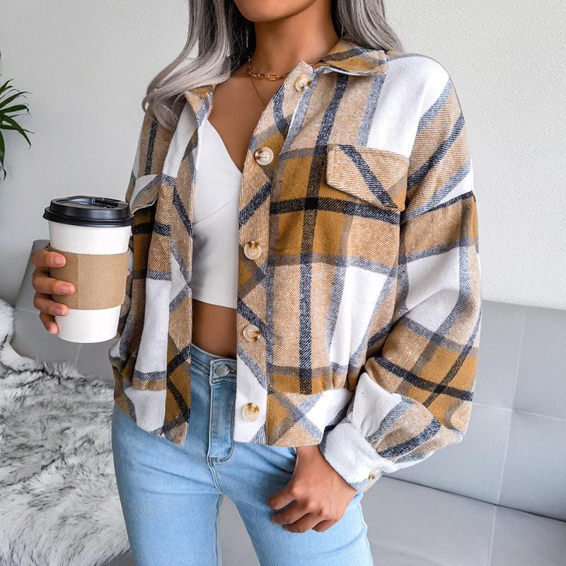 Fall Women Jacket Contrast Color Plaid Print Turn-down Collar Single-breasted Fake Pocket Long Sleeves Loose Commuting Coat