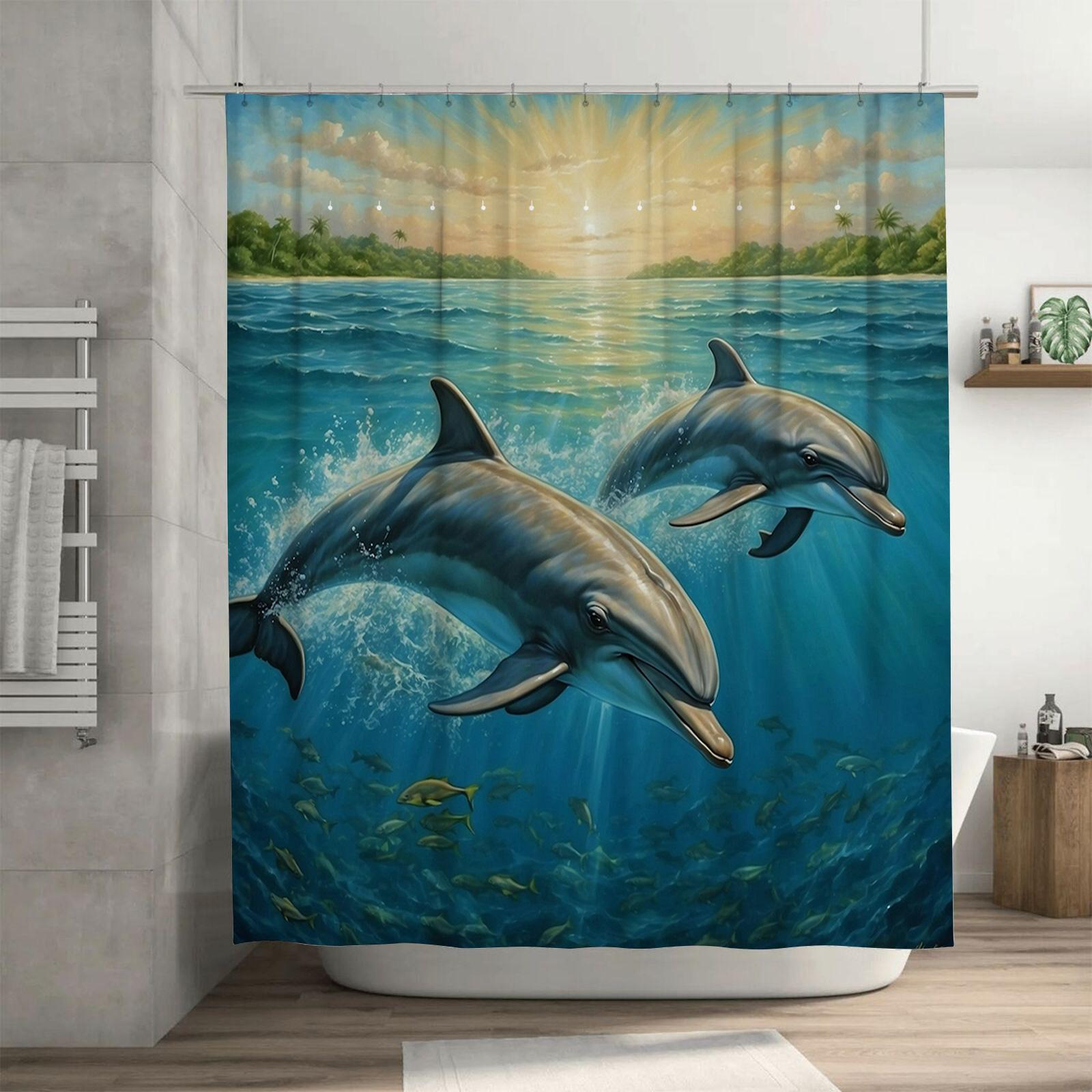 

Яркое стадо дельфинов на фоне океанского заката - Потрясающий 3D-дизайн морской жизни, Водонепроницаемый уникальный набор для декора ванной комнаты W60H190(CM)-1 Pcs