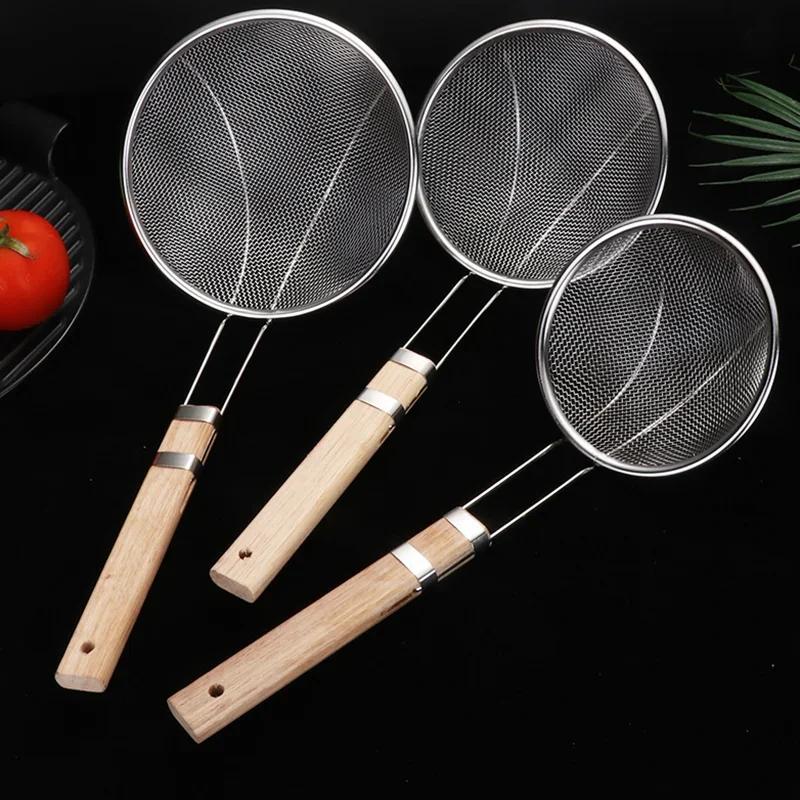 Wood Handle Stainless Steel Flour Filter Screen Soybean Milk Filter Screen Cooking Spoon Screen Snack French Fries Kitchen Tools