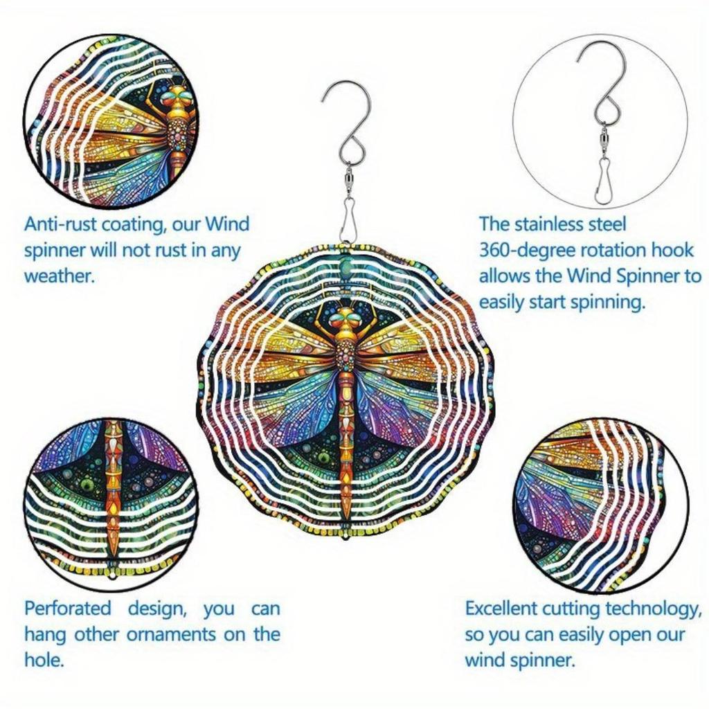 Hanging Wind Chime with Colorful Dragonfly Pattern 2D Kinetic Metal Art for Outdoor Courtyard Balcony Garden Decor