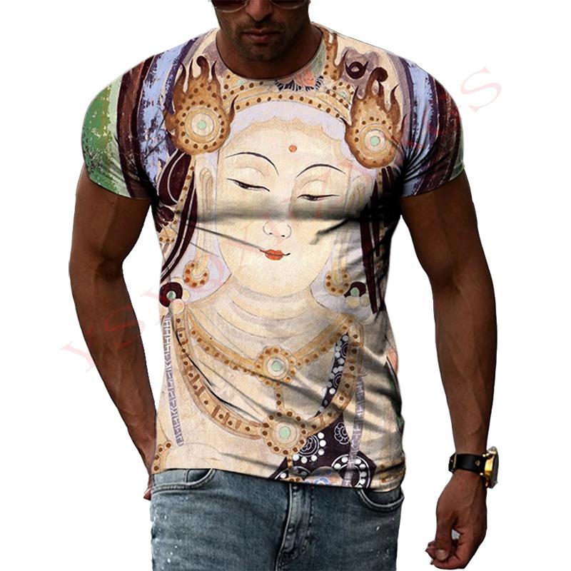 China Dunhuang Mural Graphic Shirt 3D Harajuku Print New Summer Retro Art Casual Short Sleeve Top For Men And Women Personality