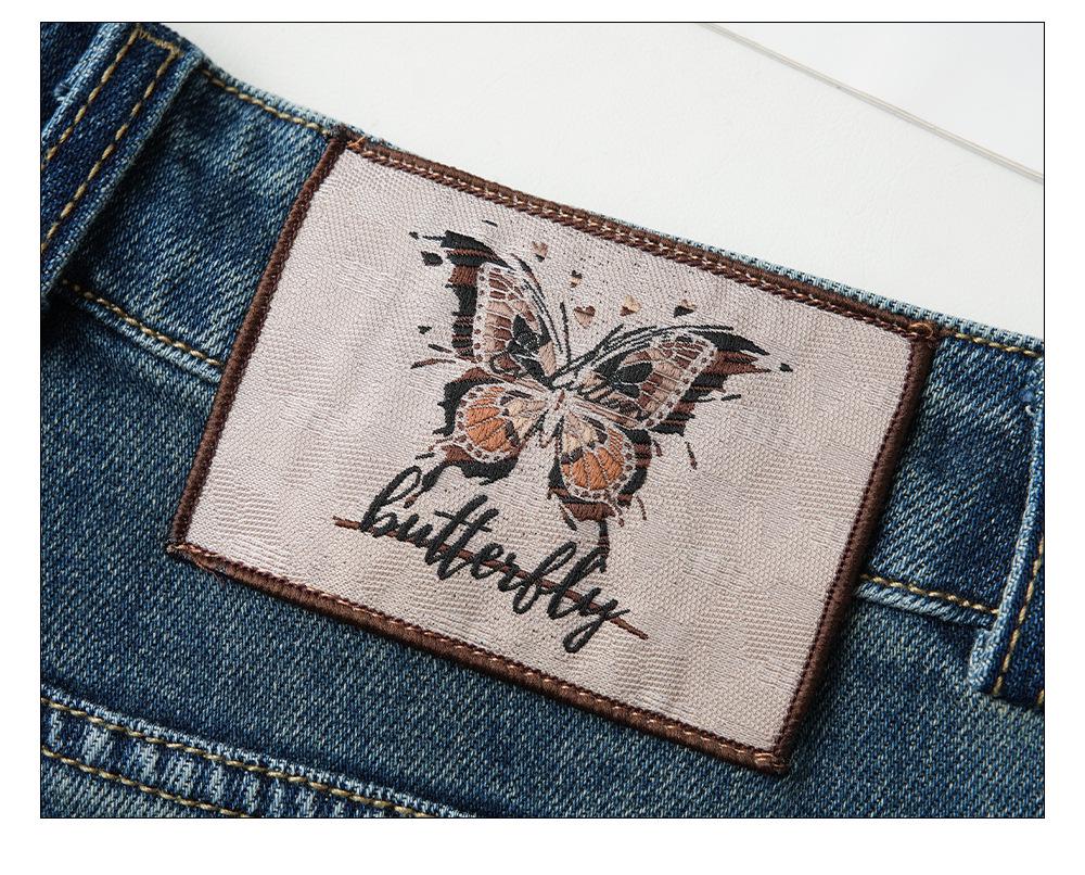 Jeansi Retro Albastru Damă cu Talie Înaltă și Picior Larg - Brodați, Croială Largă, Primăvară/Toamnă 2025