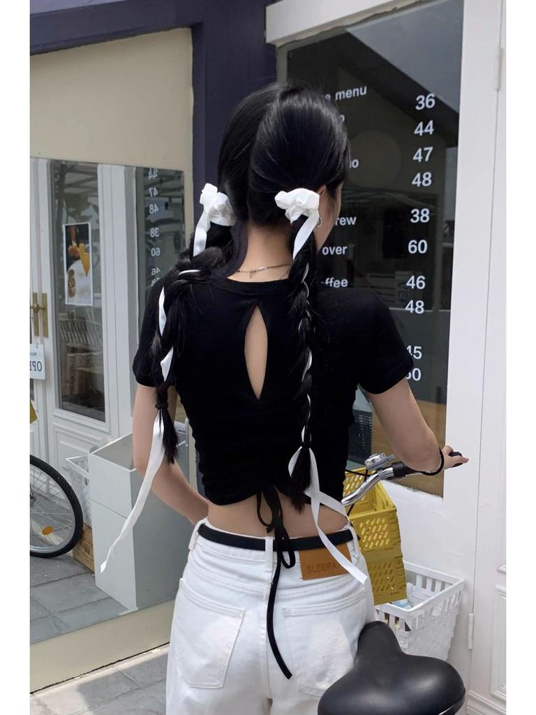 Women's Short-Sleeve High-Waisted Summer T-Shirt with Hollow Back Design