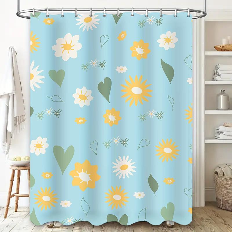 Delightful Floral Shower Curtain Bright Sunshine Hearts Design For Bathroom Decor Blue Yellow Green White Home Decor Waterproof