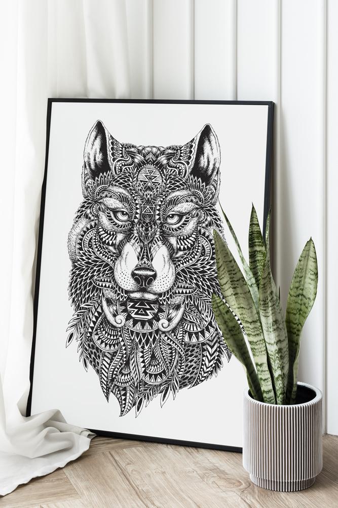 Poster Black and White Wolf Sketch Illustration