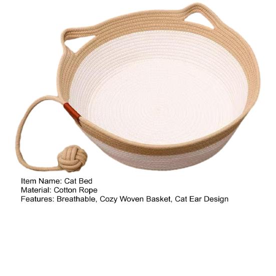Cat Bed Basket Cotton Rope Woven Pet Bed Breathable Cat Ear Pet Sleeping Basket with Ball Toy for All Seasons Medium Large Cats