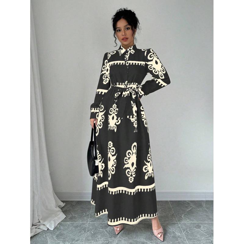 Live Shot 2025 European and American Fashion Long Sleeve Waist-Gathering Print Shirt Dress