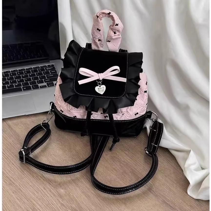 

Lolita Black Pink Bow Ruffled Backpack Women Girls Compact Sweet Edgy Commuter Versatile Rucksack Ladies Elegant Mochilas Mujer 18x17x9cm