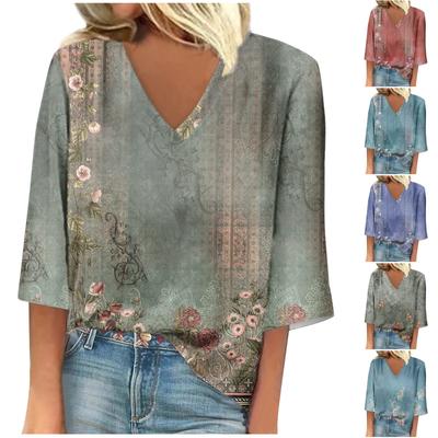 Women's Shirt Blouse Casual Loose Shirts 3/4 Sleeve Print V Neck Tops Print Tops T-shirts Tee