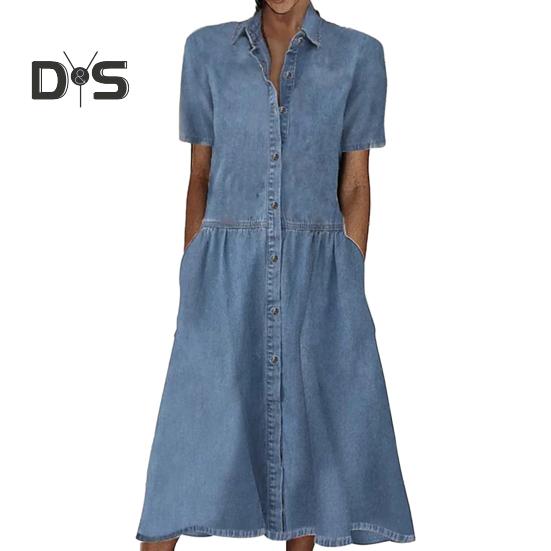 

Женское летнее платье, однобортное, с короткими рукавами и лацканами, трапециевидное платье со свободным подолом и карманами, однотонное, мягкое, дышащее, до середины икры, женское платье-миди XL синий