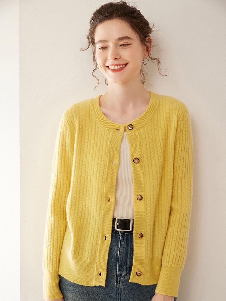 Women's Cable Knit Cashmere Cardigan - Round Neck, Single-Breasted, Fashionable & Warm Sweater Coat
