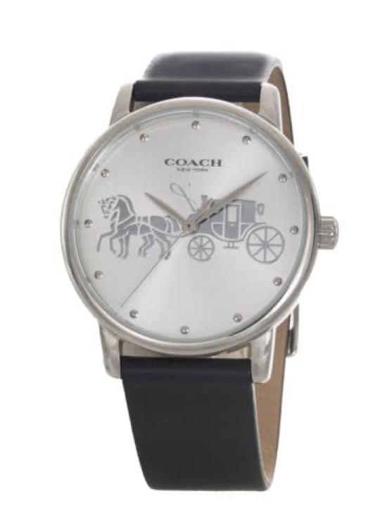 COACH GRAND Silver Dial Black Leather Strap 14503494