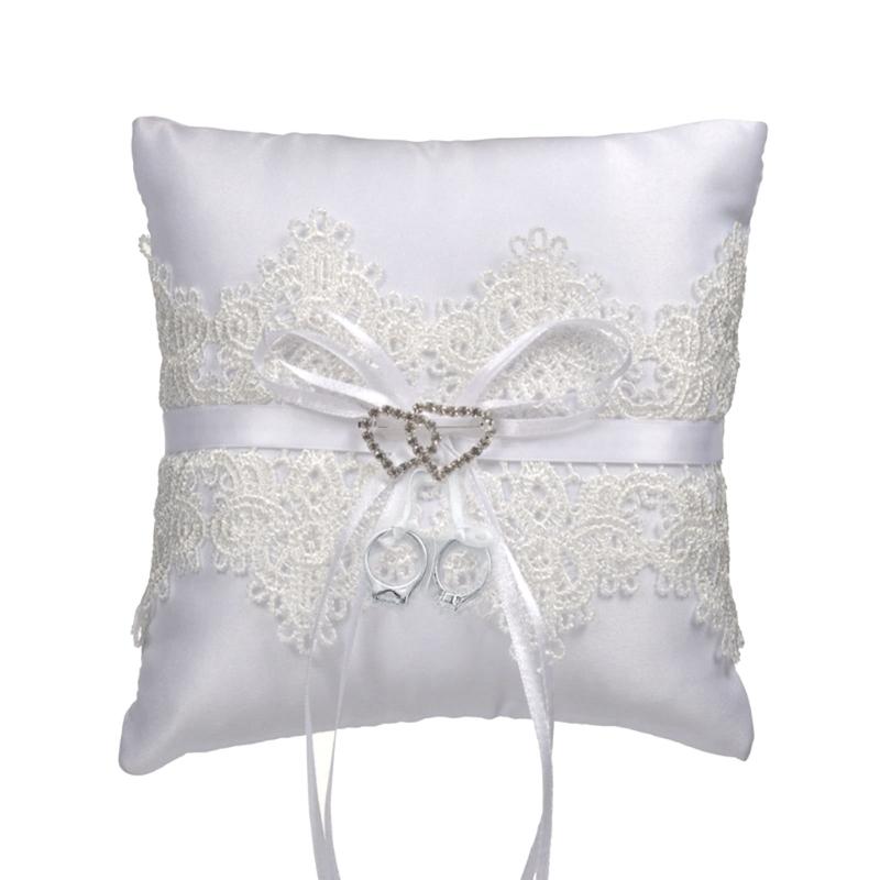 15cm Elegant Double Heart Rings Cushion Decor Delicate Lace Rings Pillow Bridal Rings Pillow for Wedding Dating Ceremony