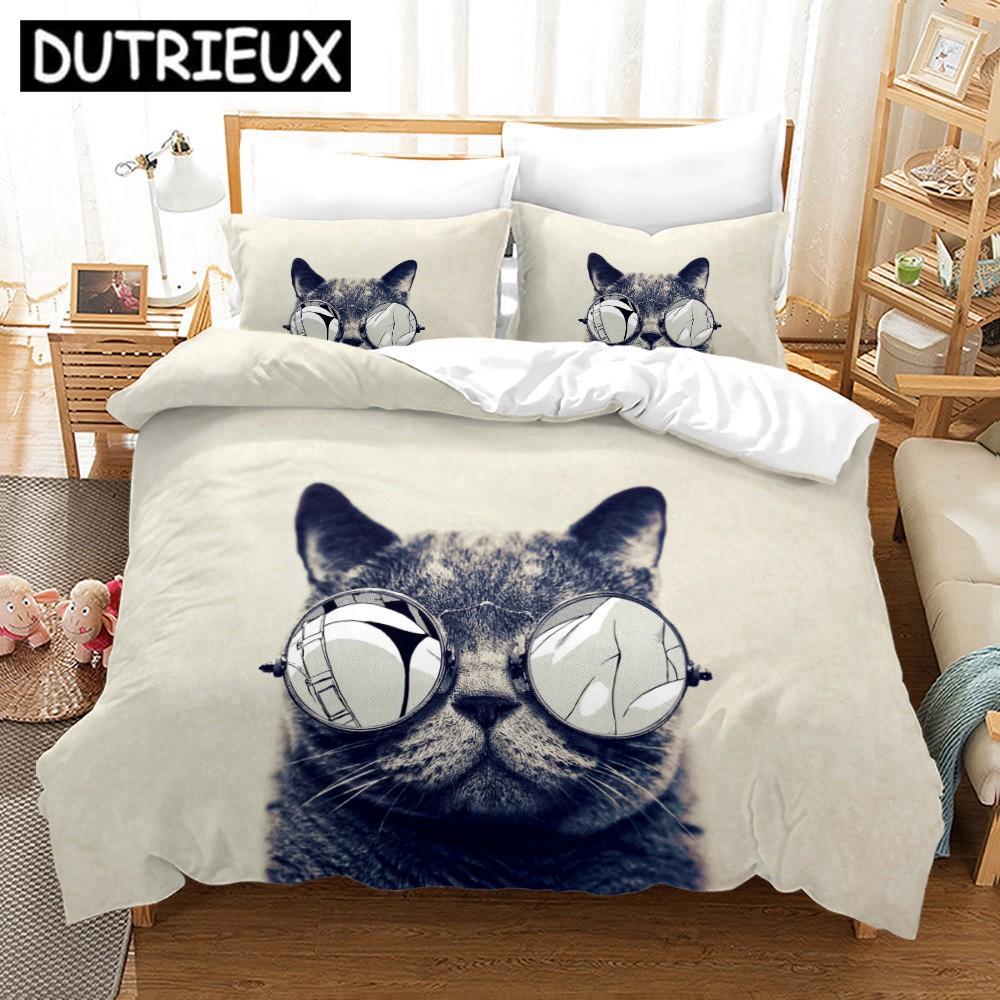 Cartoon Funny Cute Cat Duvet Cover Set 3D Polyester Pillowcases Quilt Cover Home Decor Gift Twin King Queen Bedding Set