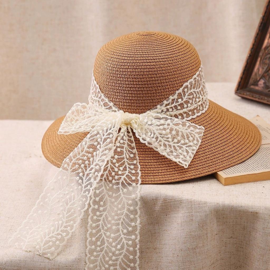 New lace bow straw fisherman hat children summer travel sun protection hat seaside beach hat versatile