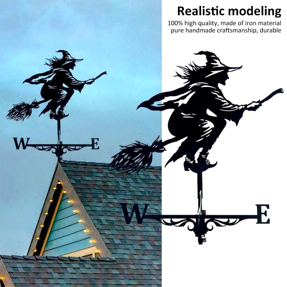 Retro Witch Shape Weathercock Iron Weather Resistant Wind Direction Indicator Creative Weathervane Halloween Garden Roof Decor