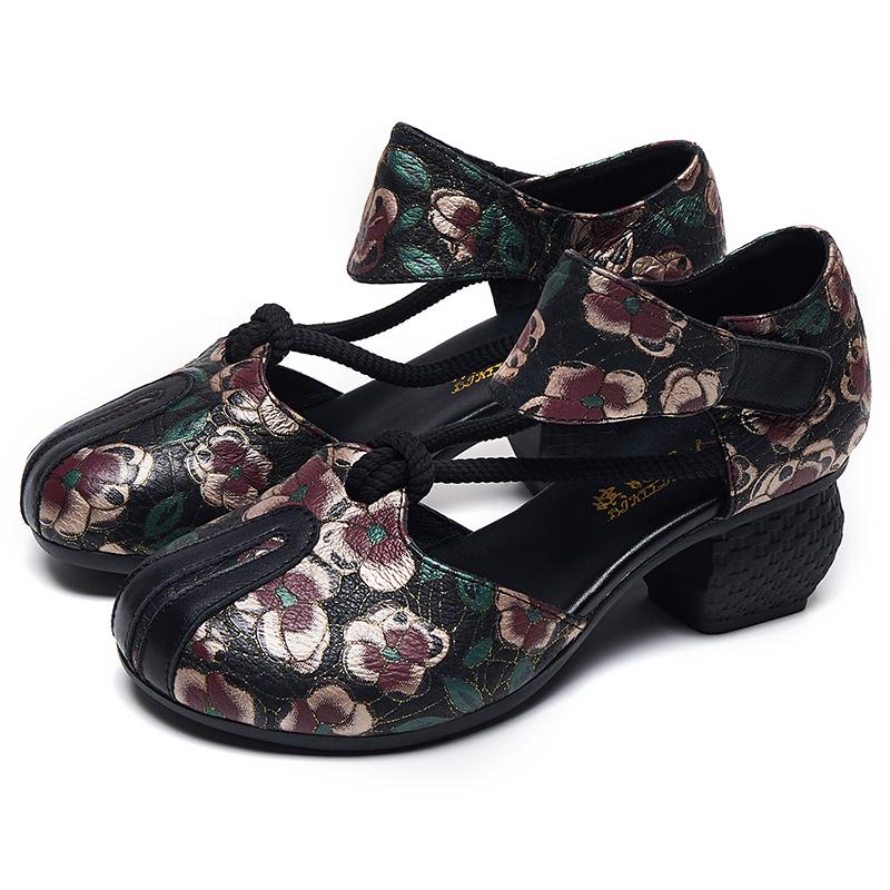 

Новинка 2023 года, женские сандалии, летние сандалии из натуральной кожи с принтом, босоножки на толстом каблуке в стиле ретро, ​​повседневная обувь на высоком каблуке с круглым носком 40 чёрный