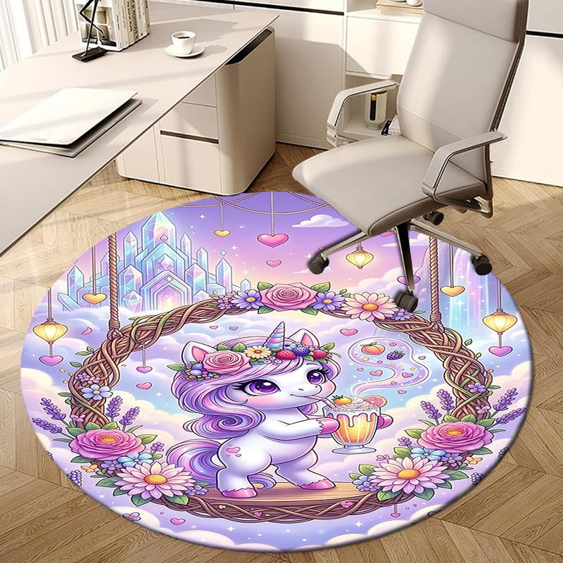 1PC Unicorn Flowers Non-Slip Floor Round Carpet, Office, Family, Bedroom, Large Area Rug Indoor Rugs, Durable PolyesterH0337