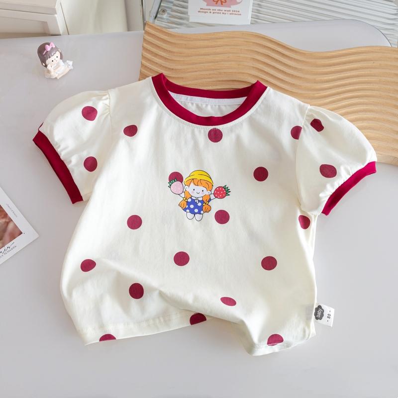 Summer Girls T-shirt Korean Thin Dot Print Baby Tops Short Sleeves Cartoon Kids Tee Children Clothes
