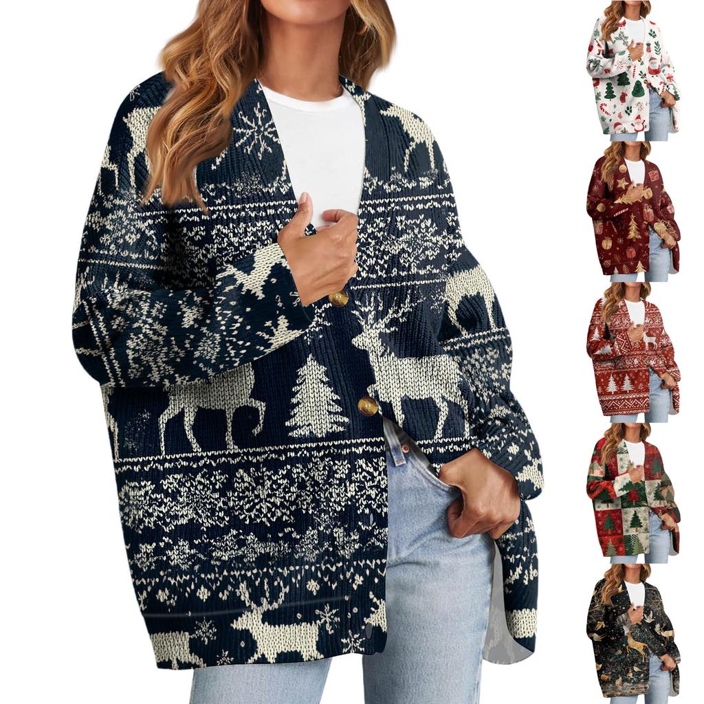 Women's Fashion Long Sleeve Christmas Print V-Neck Button Loose Cardigan Top