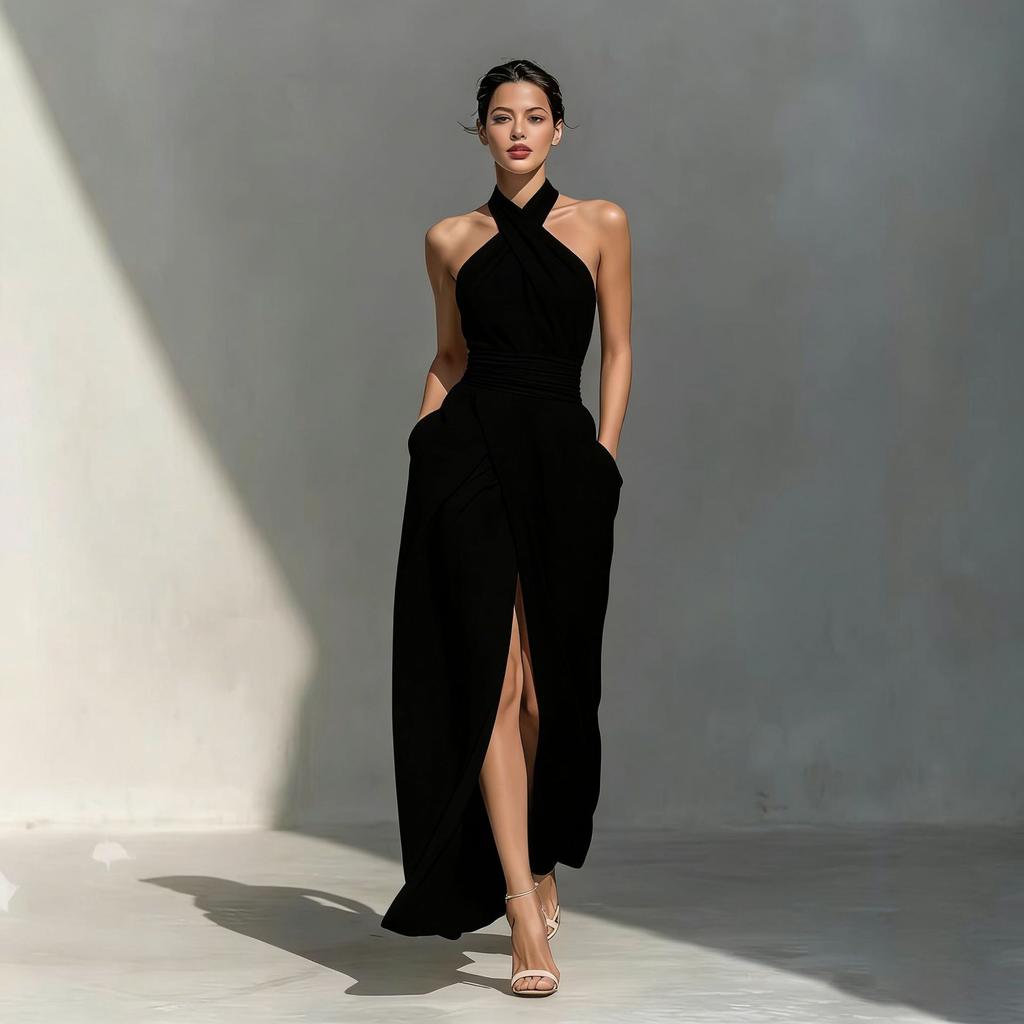 Damen Neckholder Ärmelloses Midi-Kleid Figurbetont Hoher Bund Elegant Einfarbig Schlitz Wickelkleid