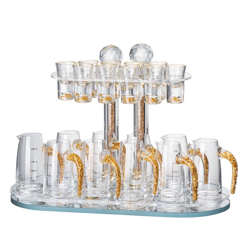 OLOEY Gold Foil Glass Chinese Liquor Serving Set (10 Decanters, 10 Cups)