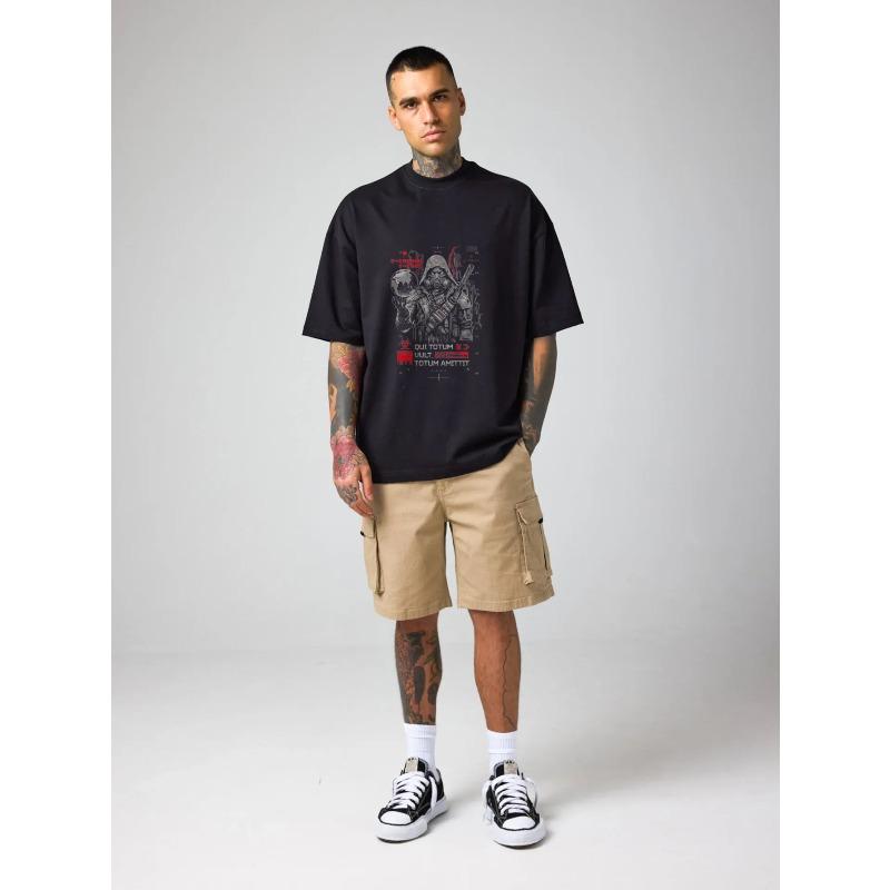 Men's Oversized T-Shirt Black Gothic Skull Warrior Graphic Print Red Accents Casual Streetwear Fashion For Daily Wear And Urban Style