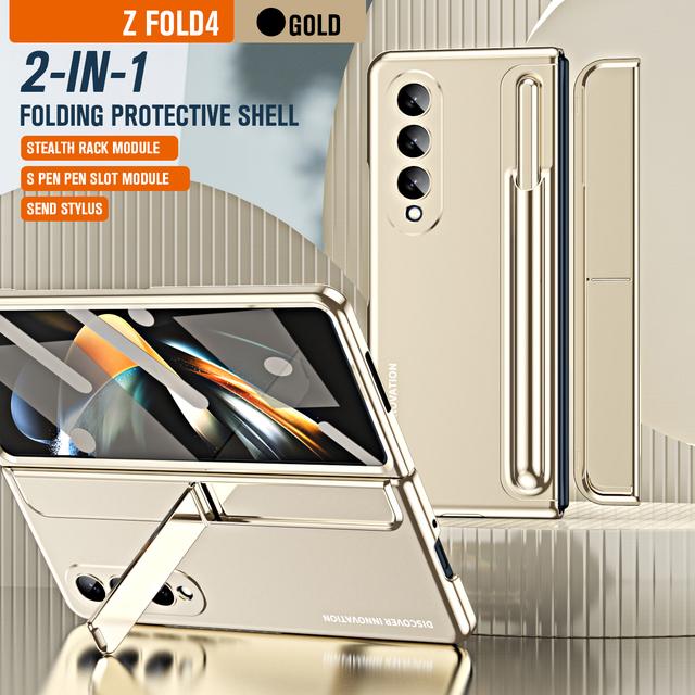 With S Pen Plating Kickstand Armor Case For Samsung Galaxy Z Fold 4 360 Full Screen Protector Shockproof Phone Cover Z Fold 3 5G