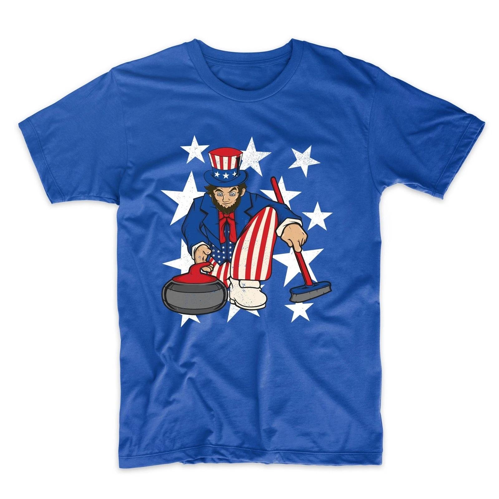 Авраам Линкольн Керлинг Смешной 4 июля Керлер Синяя Футболка 3XL
