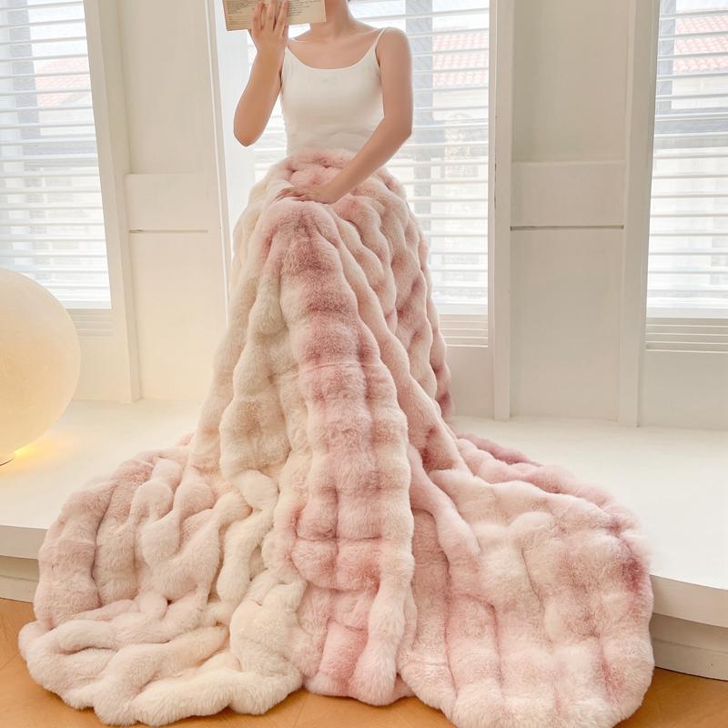 Luxury Double Layer Rabbit Fur Blanket Winter Thick Warm Fluffy Faux Fur Throws Blankets for Sofa Tie-Dye Soft Plush Bed Blanket