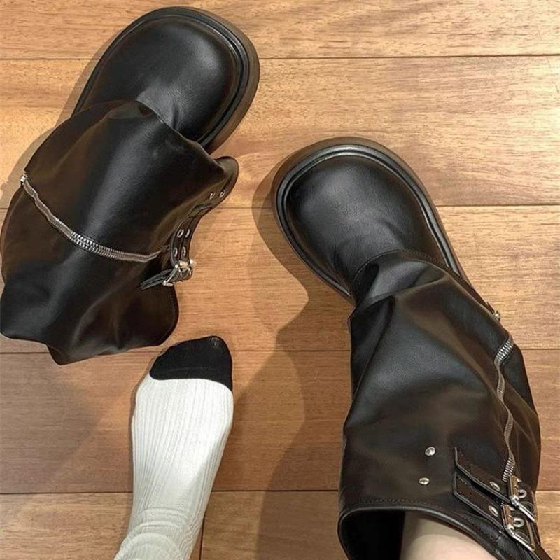 Fashionable Wide Leg Knight Long Boots Inner Elevator Thick Sole Side Zipper Buckle Slouchy Design