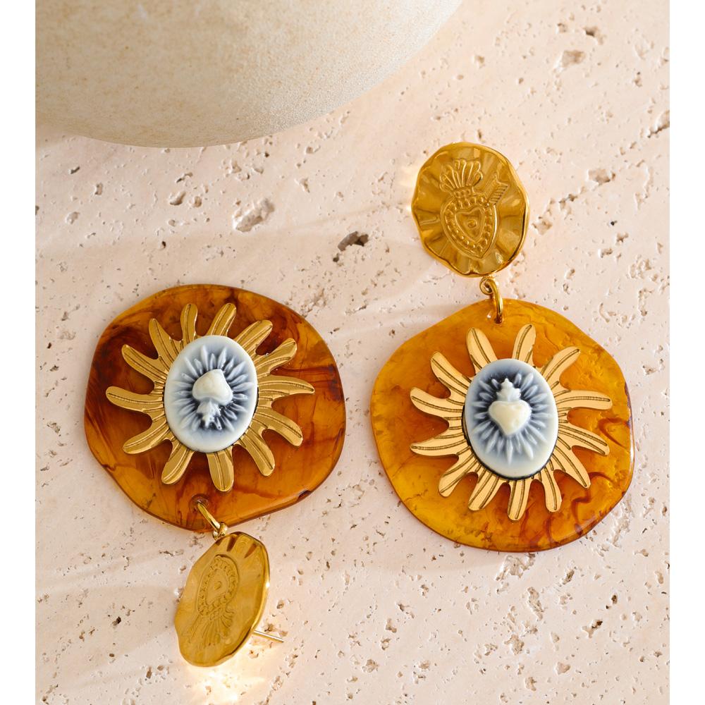 Eetit Exclusive Design Amber Resin Round Sun Pendant Drop Earrings Arrivals Stainless Steel Golden Fashion Jewelry Waterproof