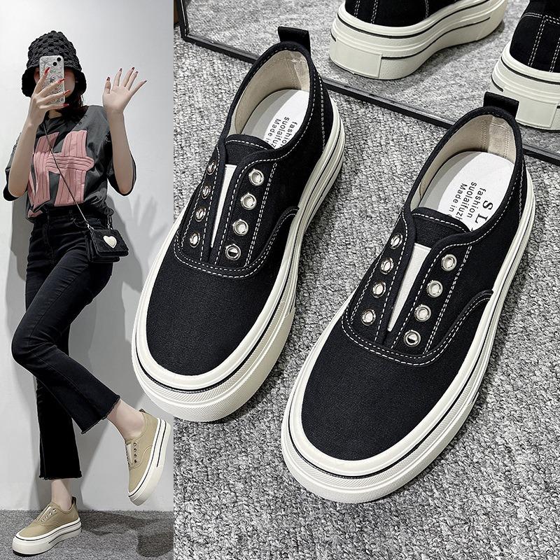 Thick-soled Elastic One-pedal Canvas Shoes Women's New Versatile Breathable Casual Shoes Autumn Little White Shoes Board Shoes Women