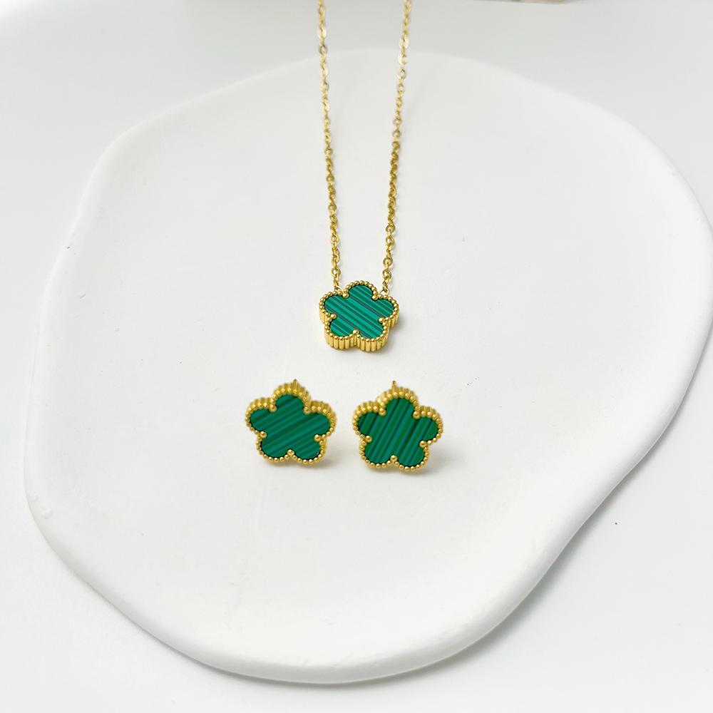 ALTERA 2Pcs Luxury 5 Leaf Flower Pendant Necklace Earrings for Women Gift Fashion Stainless Steel Double Side Clover Zircon Set