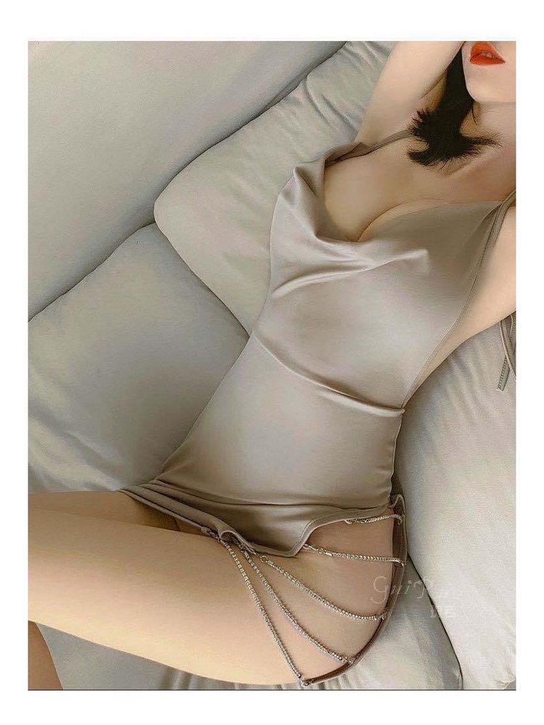 Aesthetic Sexy Lace Lingerie Set: Backless Slit Camisole Nightgown