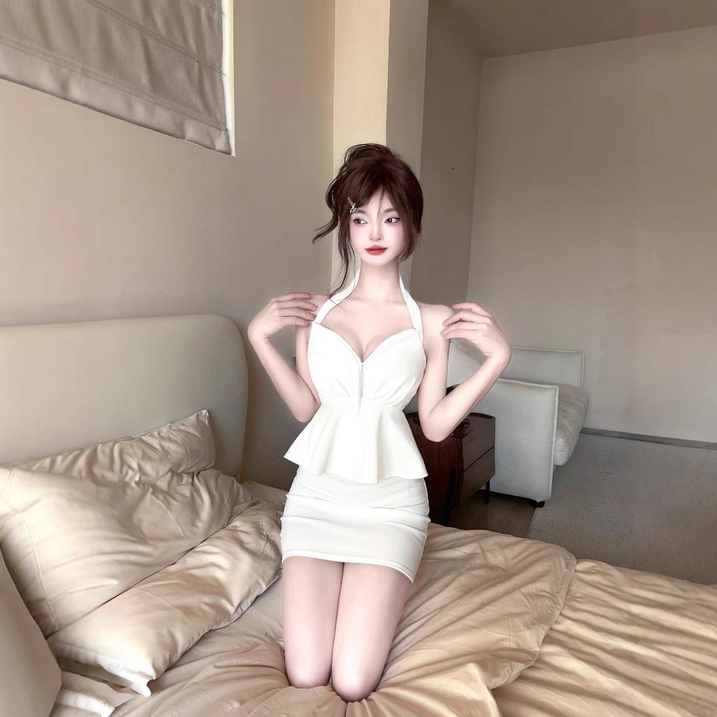 Spring and Summer Sexy Nightclub Women's Neck Low-cut Zipper Decorative Ruffle Leaf Edge Hip Wrap Short Slim Solid Color Dress