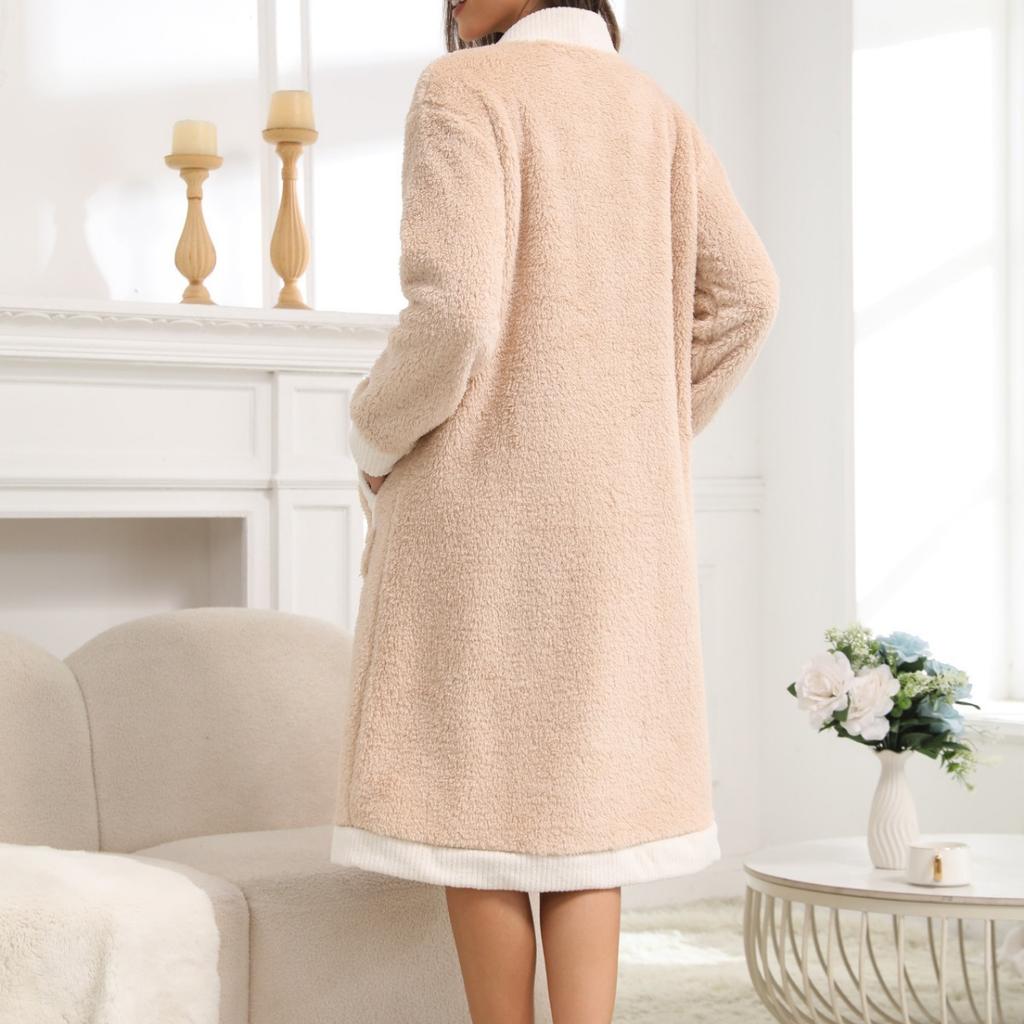 Color Block Fleece Thick Nightgown, Long Sleeved Open Top V-neck Nightgown with Pockets, Women's Pajamas and Dresses