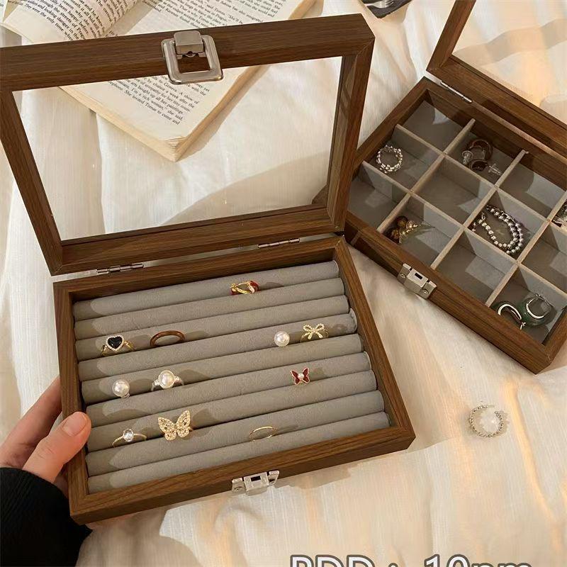 Premium Single-Layer Transparent Jewelry Storage Box - Walnut Color, Large Capacity for Rings, Earrings, and Necklaces, Dustproof Display Tray