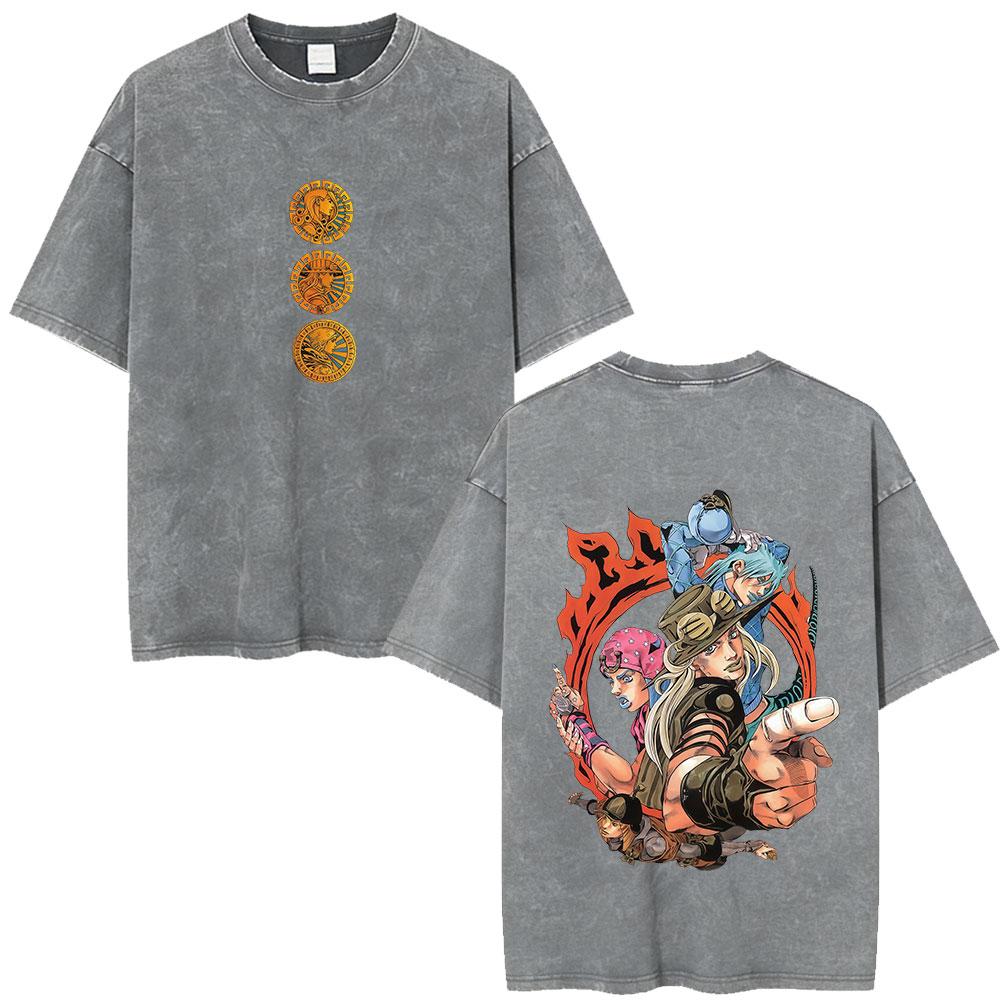 Anime Jojo Bizarre Adventure Manga Vintage Acid Washed T Shirt Men Women Casual Short Sleeves T-shirt Streetwear