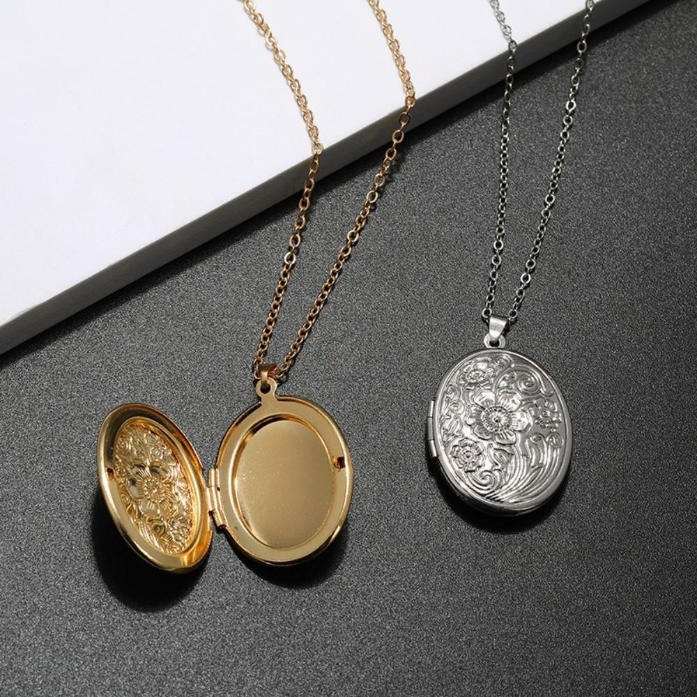 Flower Carved Pendant Necklaces Oval Keepsake Collar Delicate Photo Locket
