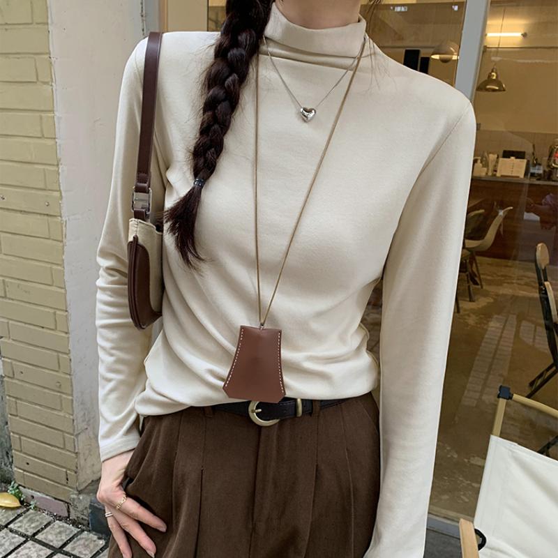 Autumn Basic Long Sleeve Slim Fit Casual T-shirt for Women Fashion Solid Simple Winter Ladies T Shirt Elegant Half High Collar Woman Tee Tops 25666