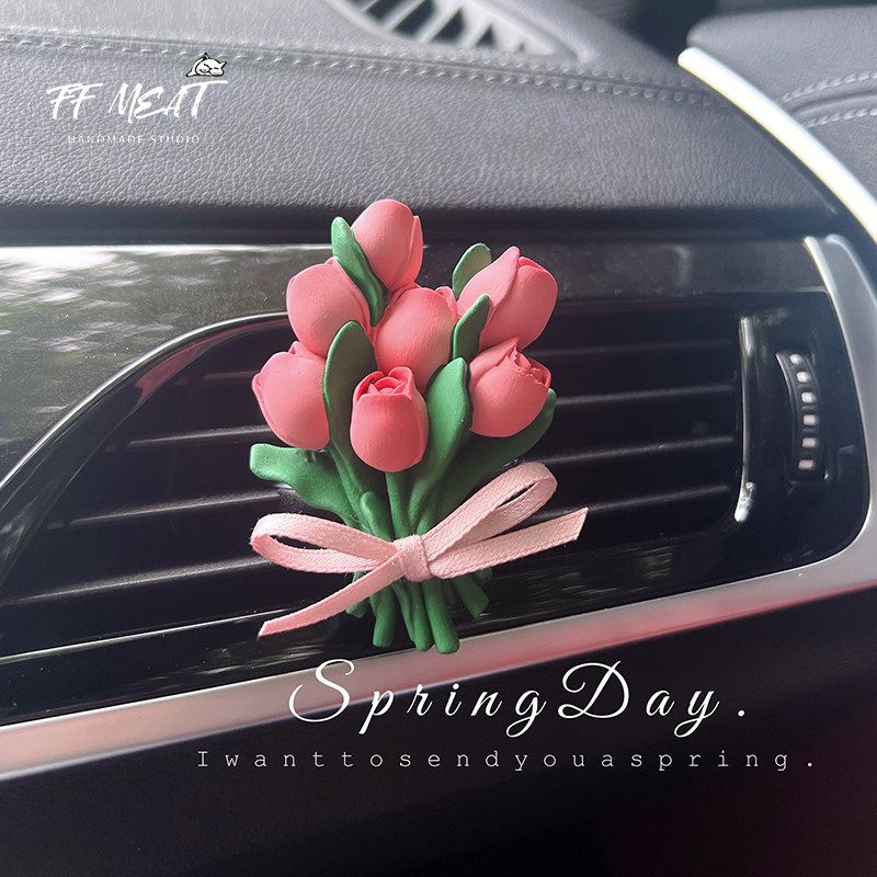 Car Air Freshener Pink Tulip Car Air Conditioning Vent Dashboard Decoration Aroma Diffuser Stone Goddess Gift