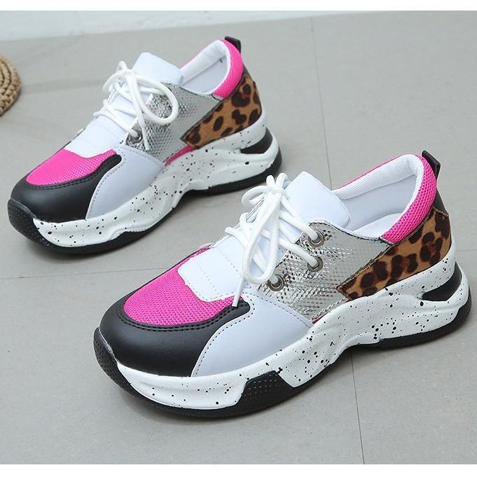 Neue Schuhe mit dicken Sohlen, Leopardenmuster, farblich passende Schnür-Outdoor-Sportschuhe, flache Mund-Damenschuhe