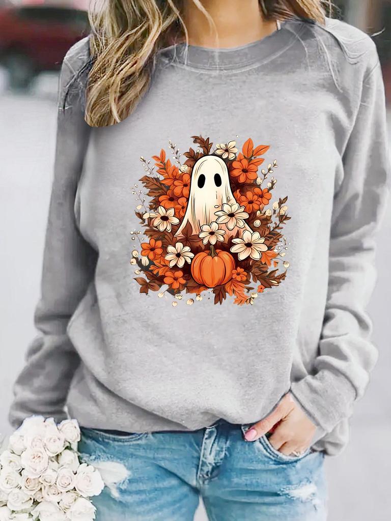 European and American Women's Autumn/Winter Casual Long-Sleeve Round Neck Ghost Floral Print Pullover Hoodie