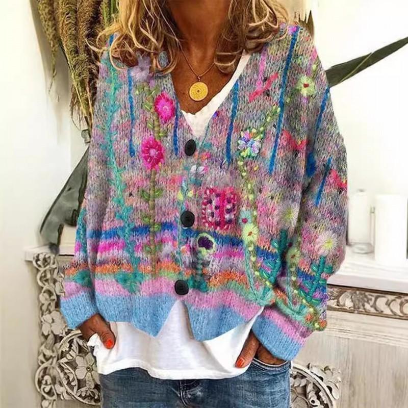 Womens Christmas Print V-Neck Open Front Cropped Long Sleeve Knit Sweater Loose Fit Casual Style